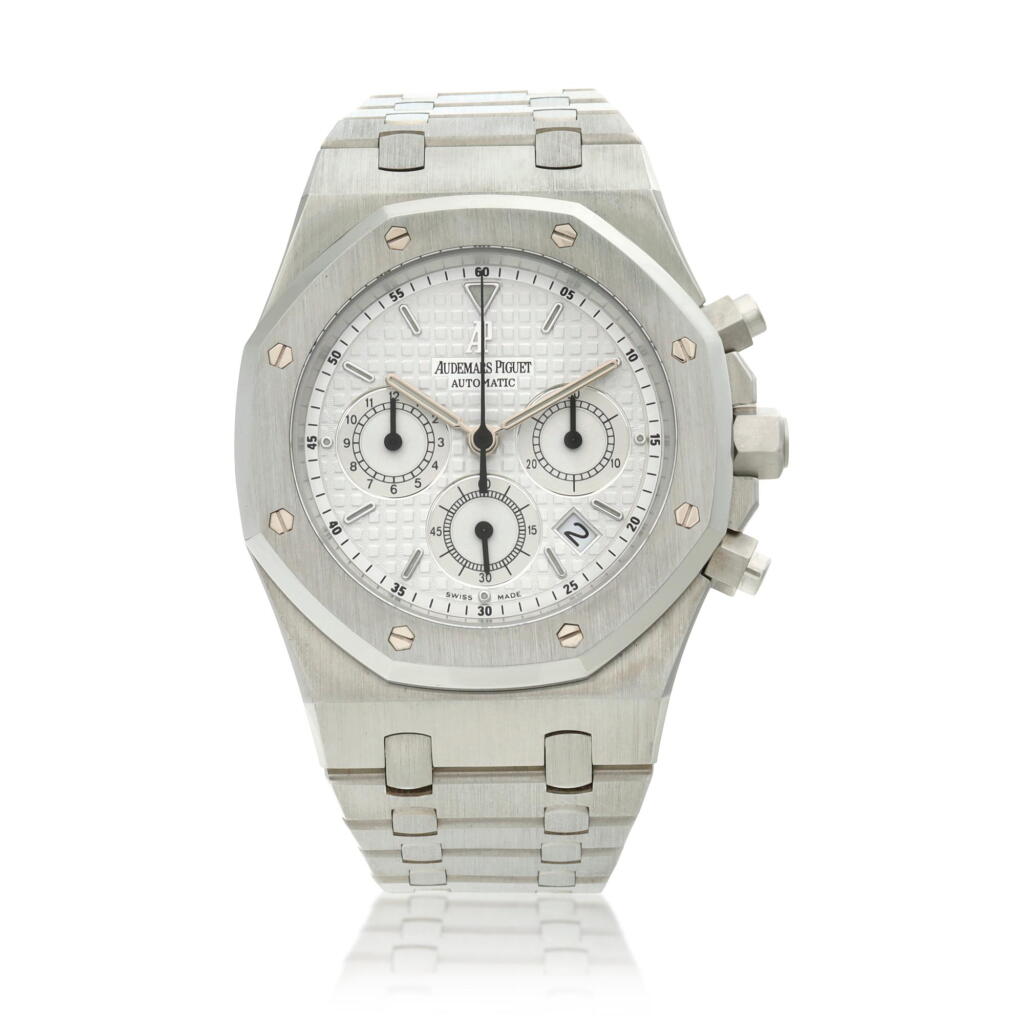 View full screen - View 1 of Lot 16. Reference 25860ST.OO.110ST.05 Royal Oak, A stainless steel automatic chronograph wristwatch with date and bracelet, donated and signed by George H.W. Bush to a Save the Children Charity in 2007.