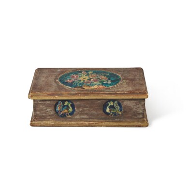 View full screen - View 1 of Lot 419. Peacocks, Flowers and Butterflies: Carved and Painted Box.