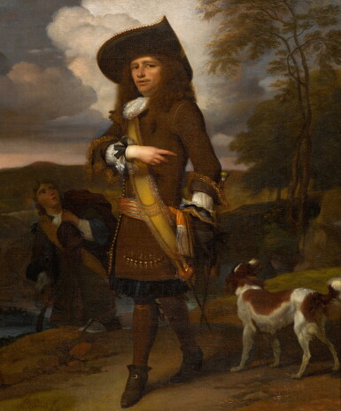 View full screen - View 1 of Lot 18. A portrait of a gentleman with his servant and a dog in a landscape.