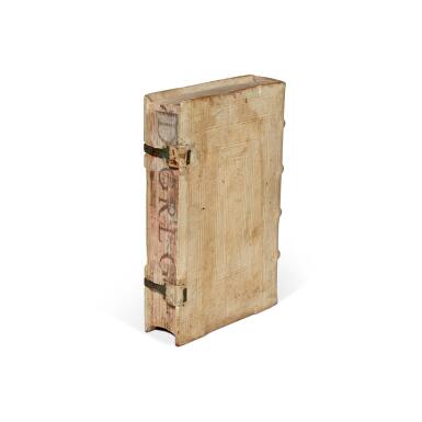 View full screen - View 1 of Lot 156. Gregorius Nazianzenus, Orationes XXX, Basel, 1531, contemporary blind-stamped Augsburg pigskin with fore-edge painting, Pillone library.