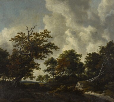 View full screen - View 1 of Lot 151. Bosky landscape with a large oak and two fallen beeches by a waterfall.