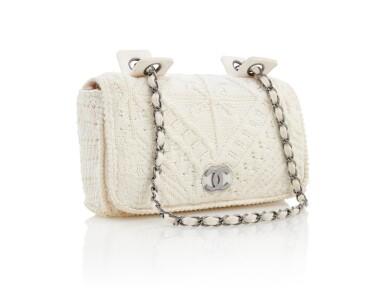 View full screen - View 1 of Lot 70. CHANEL | IVORY CROCHET KNIT WITH SILVER-TONE METAL CLASSIC SHOULDER BAG .