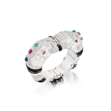 View full screen - View 1 of Lot 34. Rock Crystal, Enamel, Colored Stone and Diamond 'Chimera' Bracelet.