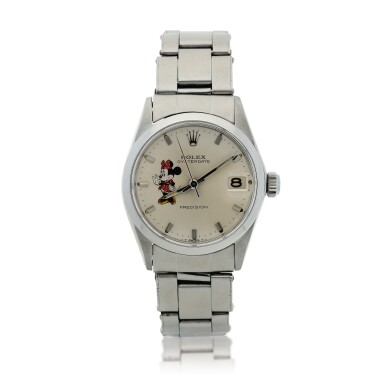 View full screen - View 1 of Lot 126. Reference 6466 Oysterdate Precision 'Minnie Mouse' A stainless steel wristwatch with date and bracelet, Circa 1966.