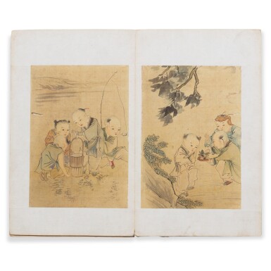 View full screen - View 1 of Lot 136. Two albums of figural scenes, ink and colour on silk, 8 and 24 leaves, late Qing dynasty | 清末 仿仇十洲人物冊八開 及 仿馮箕百子冊 二十四開 設色絹本.