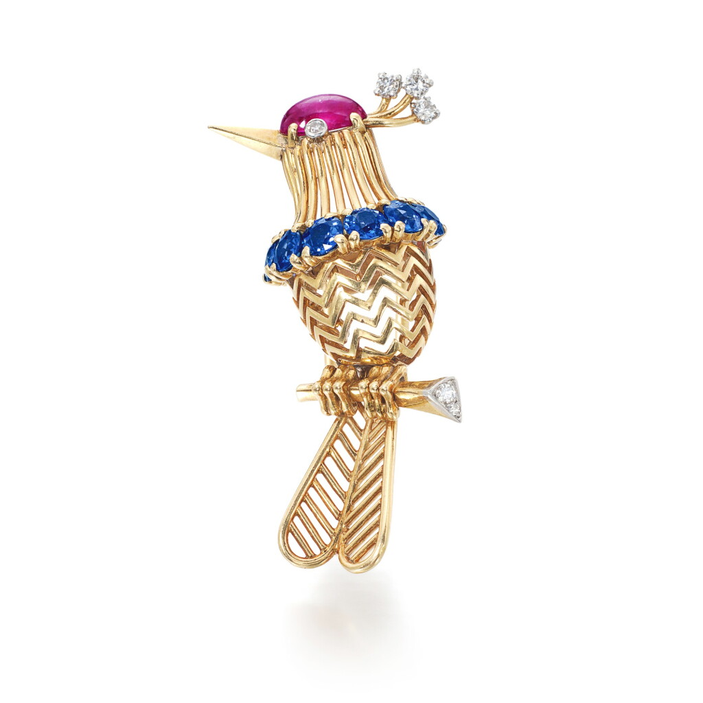 View full screen - View 1 of Lot 41. Ruby and sapphire brooch, circa 1950.