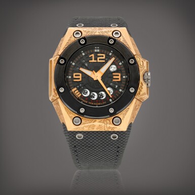 View full screen - View 1 of Lot 969. Oktopus Moon Tattoo, Reference OKT.II.MGTT.1 | A limited edition pink gold and DLC-coated titanium semi-skeletonised wristwatch with moon phases, Circa 2015 | Oktopus Moon Tattoo 型號OKT.II.MGTT.1 | 限量版粉紅金及 DLC 塗層處理鈦金屬半鏤空腕錶,備月相顯示,約2015年製.