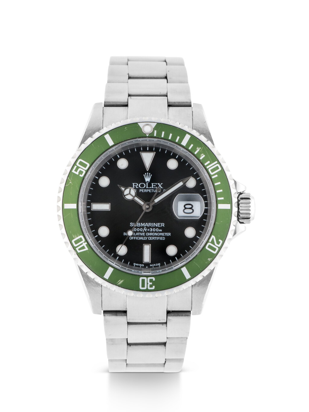 View full screen - View 1 of Lot 1. ROLEX | 'KERMIT FLAT 4' SUBMARINER, REF 16610LV STAINLESS STEEL WRISTWATCH WITH DATE AND BRACELET CIRCA 2003 .