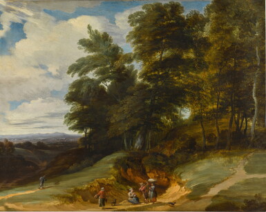 View full screen - View 1 of Lot 9. A wooded landscape with peasants resting.