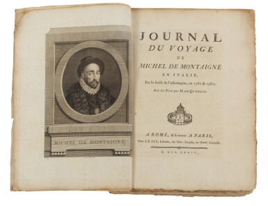 View full screen - View 1 of Lot 159. Montaigne, Journal du voyage en Italie, par la Suisse... Rome and Paris, 1774, marbled wrappers.