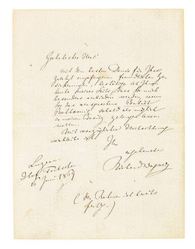 View full screen - View 1 of Lot 94. R. Wagner. Autograph letter about his copy of Waldmüller's portrait of Beethoven, 1869.