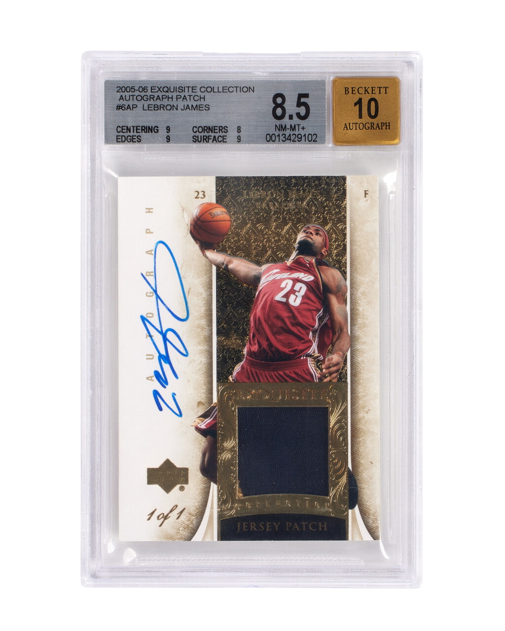 View full screen - View 1 of Lot 15. 2005-06 Upper Deck Exquisite Collection Autograph Patch #6-AP LeBron James - BGS 8.5/Autograph 10 | 2-Color Patch | On-Card Autograph | 1 of 1.