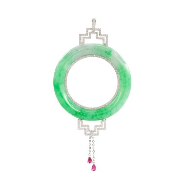 View full screen - View 1 of Lot 2834. Jadeite Hoop, Diamond and Ruby Pendant | 天然翡翠 配 鑽石 及 紅寶石 掛墜.