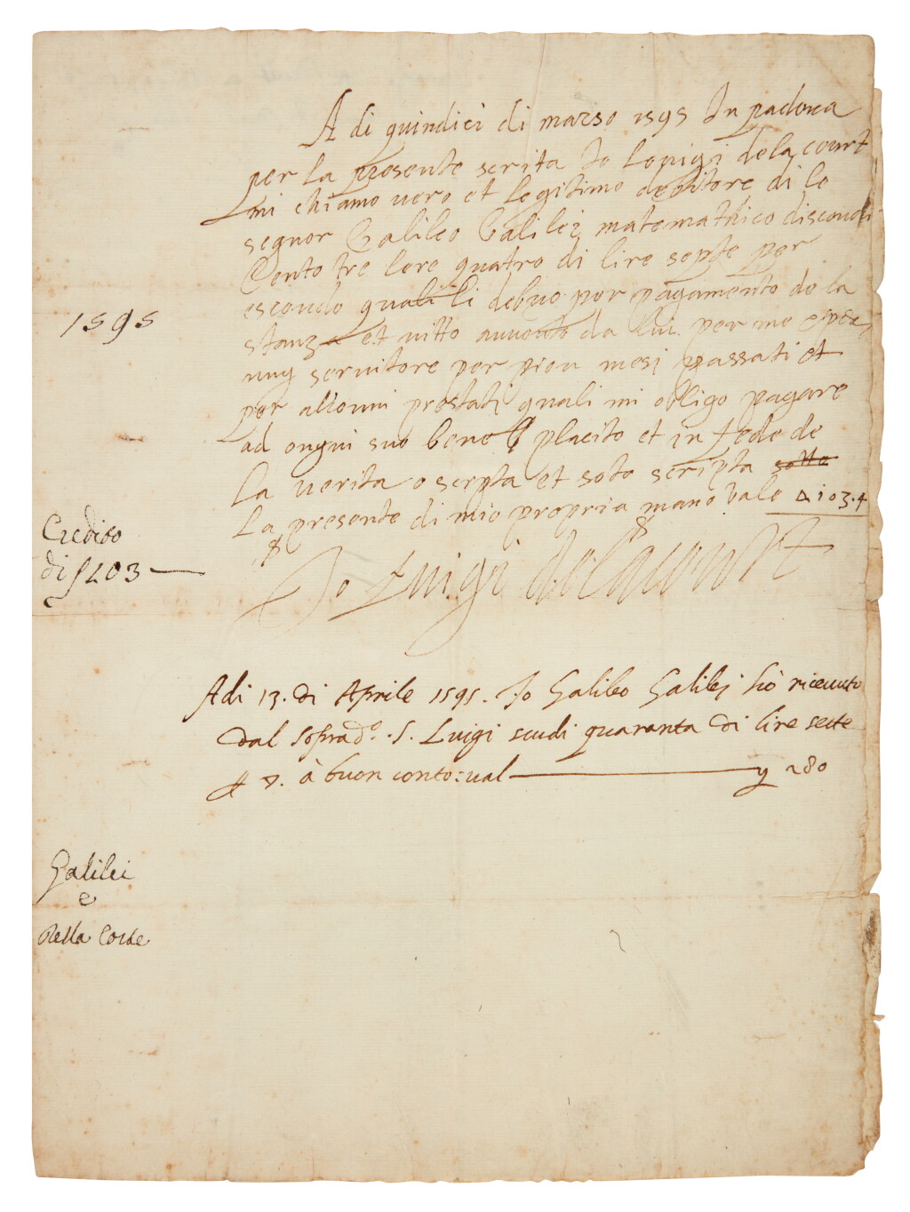 View full screen - View 1 of Lot 79. Galileo | Document annotated and signed by Galileo, dated Padua, 1595.