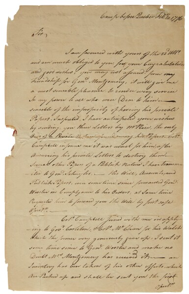 View full screen - View 1 of Lot 2104. Arnold, Benedict. Autograph letter signed, to Robert R. Livingston, 10 February 1776.