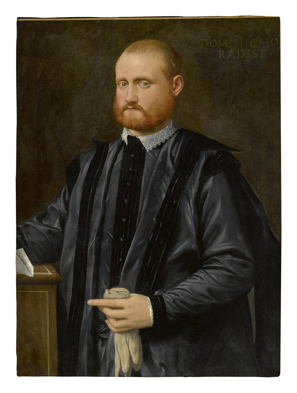 View full screen - View 1 of Lot 224. ATTRIBUTED TO GIOVANNI DE' BUSI, CALLED CARIANI | PORTRAIT OF A GENTLEMAN, THREE-QUARTER LENGTH, HOLDING A PAIR OF GLOVES WITH HIS LEFT HAND.