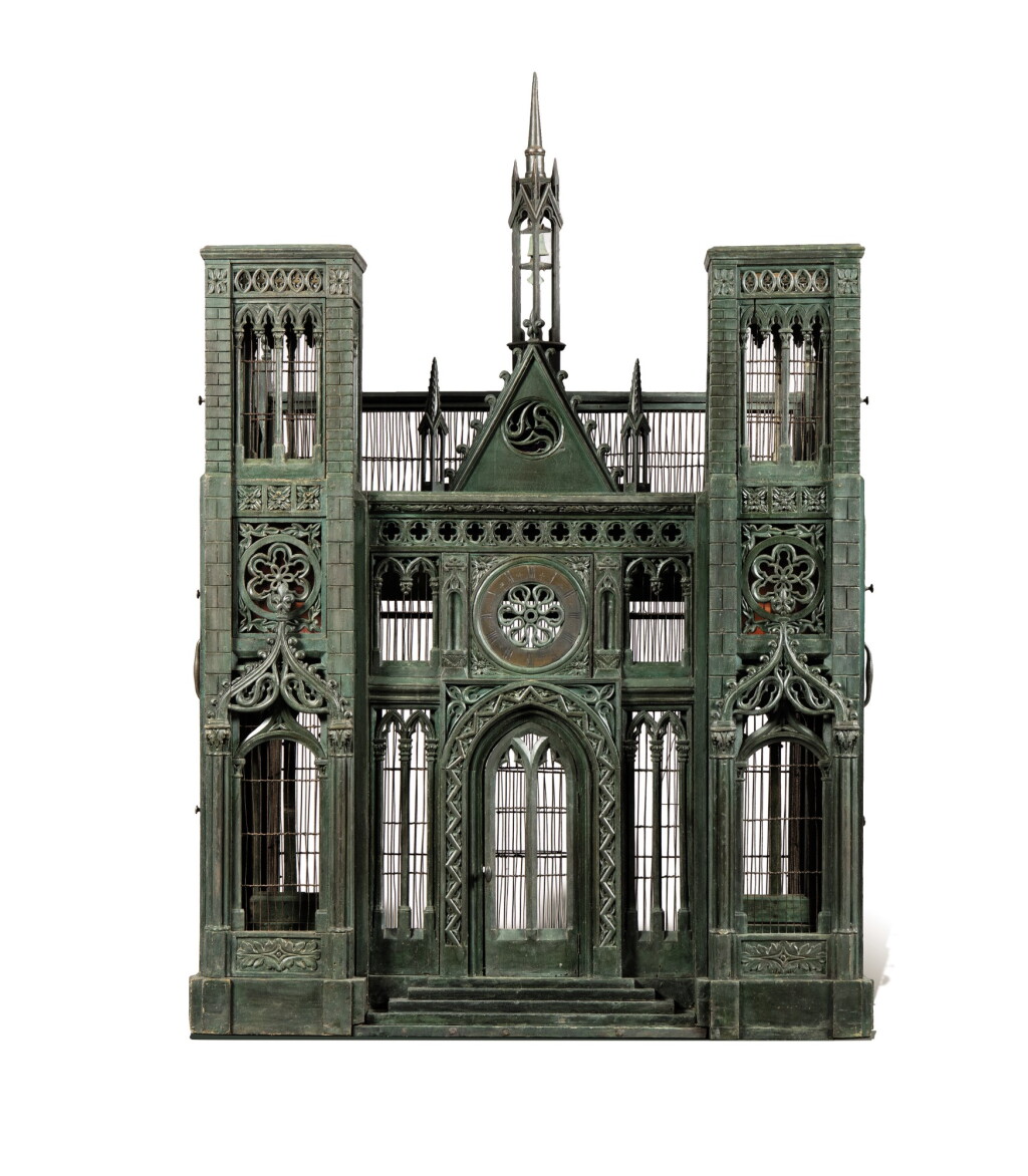 View full screen - View 1 of Lot 231. A NEO-GOTHIC DARK GREEN PAINTED BIRDCAGE, MID 19TH CENTURY | VOLIÈRE CATHÉDRALE EN BOIS RELAQUÉ VERT, MILIEU DU XIXE SIÈCLE.