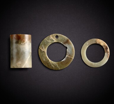 View full screen - View 1 of Lot 7807. Two jade discs, yuan, and a jade tube, Neolithic period | 新石器時代 玉瑗兩件及玉管一件.