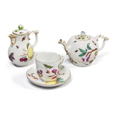 View full screen - View 1 of Lot 323. A Meissen Teapot and Cover, A Milk Jug and Cover, and A Cup and Saucer, Circa 1745.