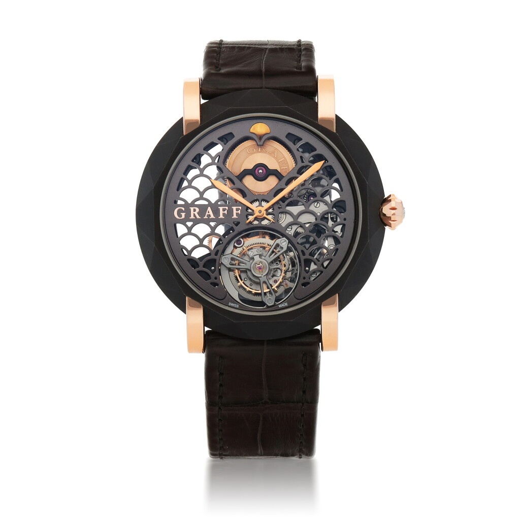 View full screen - View 1 of Lot 653. Master Graff, Ref. MGSUS43DLCCPG Limited edition DLC-coated titanium and pink gold skeletonized tourbillon wristwatch Circa 2016 格拉夫 MGSUS43DLCCPG型號「Master Graff」限量版DLC類鑽碳鍍膜鈦金屬及粉紅金鏤空陀飛輪腕錶,年份約2016.