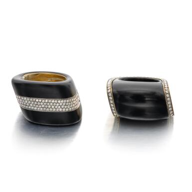 View full screen - View 1 of Lot 112. Ebony, Gold and Diamond 'Nilo' Ring and Jet, Gold and Diamond 'Plateau' Ring.