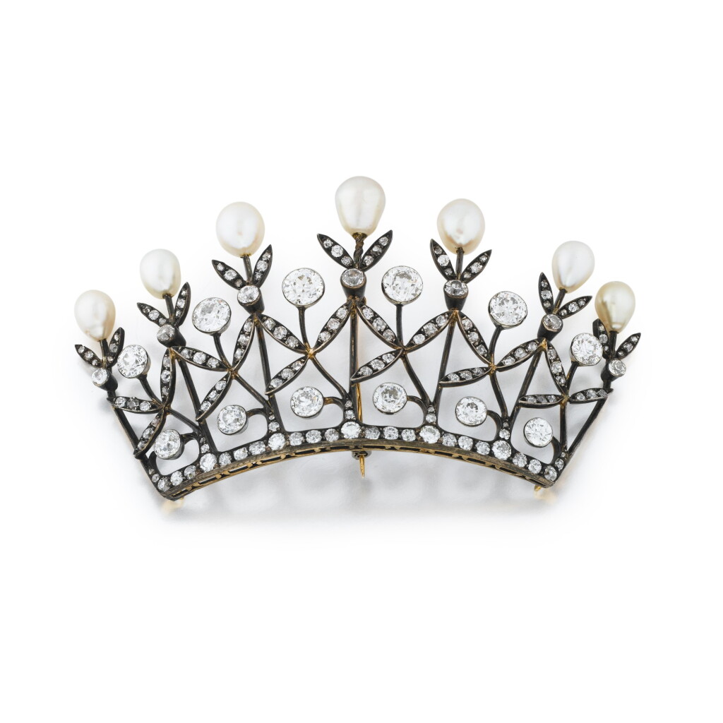 View full screen - View 1 of Lot 1066. Boucheron, a natural pearl and diamond 'Crown' brooch.