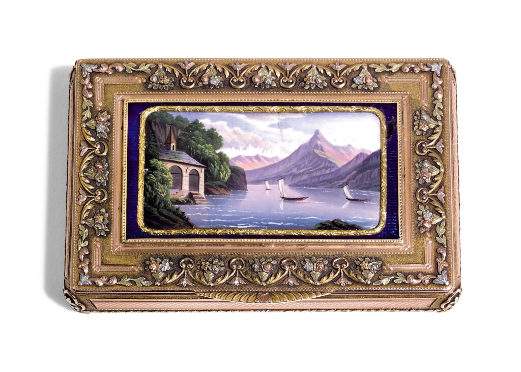 View full screen - View 1 of Lot 53. A three-colour gold and enamel snuff box, Charles Colins & Söhne, Hanau, circa 1840.
