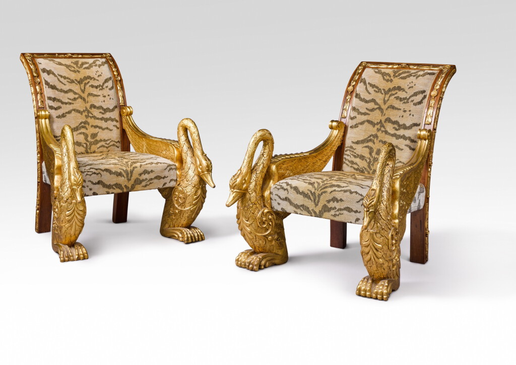View full screen - View 1 of Lot 119. A pair of Russian giltwood and mahogany armchairs, 19th century.