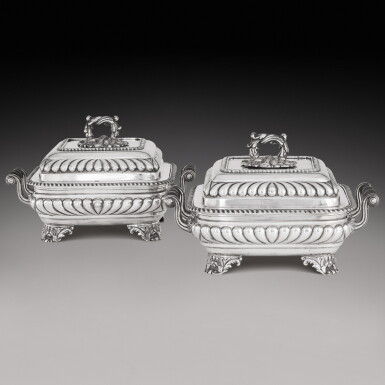 View full screen - View 1 of Lot 396. A pair of Indian Colonial silver entrée dishes and warming stands, Hamilton & Co., Calcutta, early 19th century.