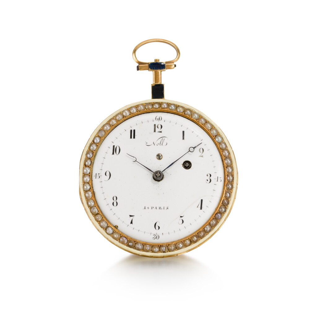 View full screen - View 1 of Lot 1342. A slim gold, enamel and pearl-set verge watch Circa 1795.