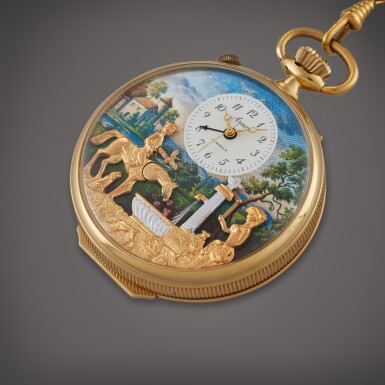 View full screen - View 1 of Lot 489. A yellow gold plated musical automaton open faced watch with alarm, Circa 1980.