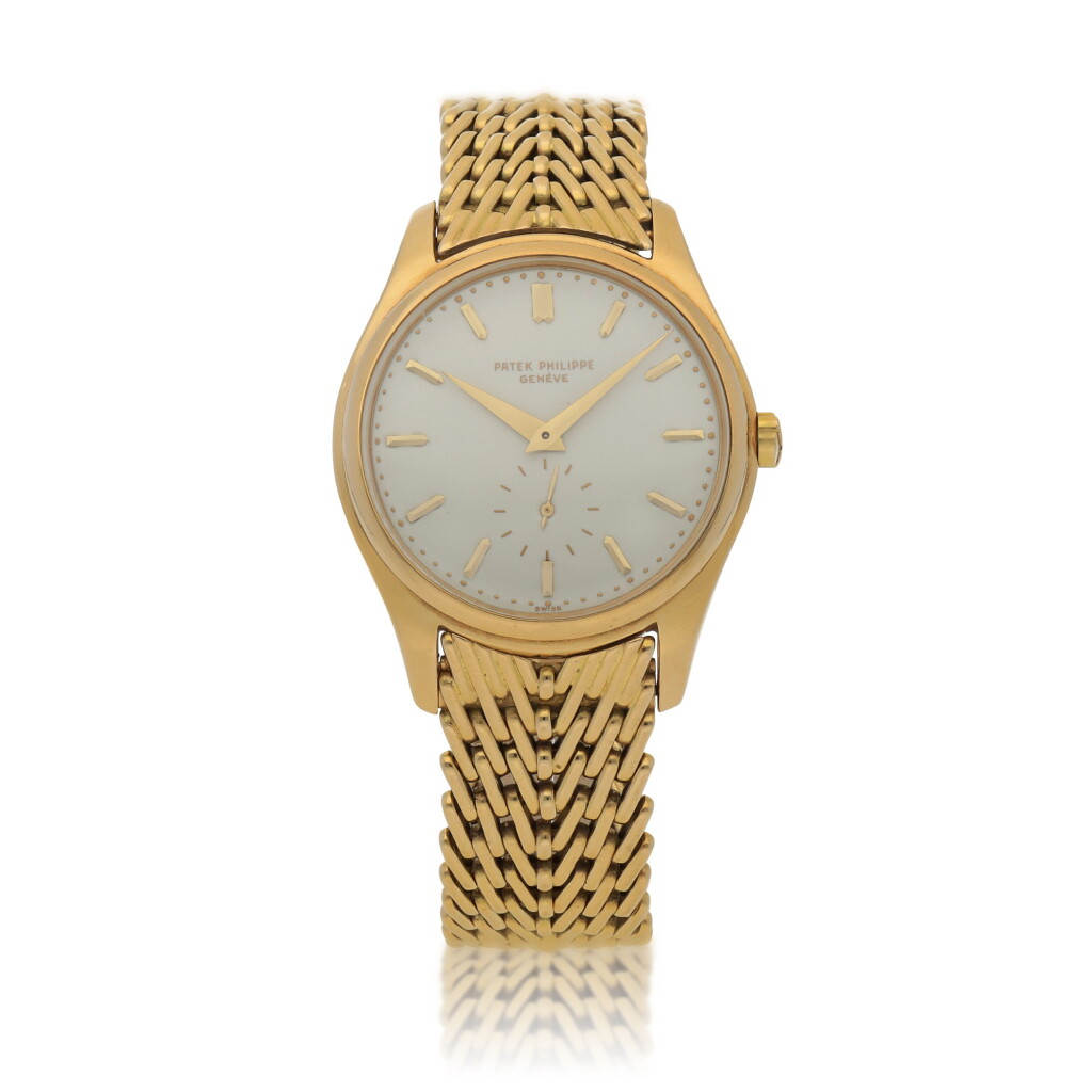 View full screen - View 1 of Lot 79. Ref. 2526J Retailed by Beyer: Yellow gold wristwatch with enamel dial and bracelet Made in 1954 | 零售商為Beyer:百達翡麗 2526J型號黃金鍊帶腕錶配琺瑯錶盤,1954年製.