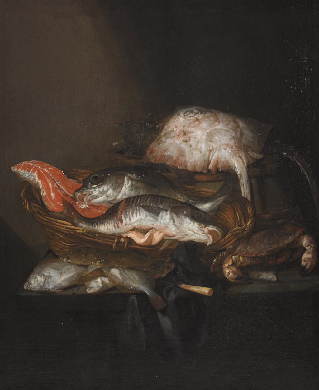 View full screen - View 1 of Lot 262. ABRAHAM HENDRICKSZ. VAN BEYEREN | STILL LIFE WITH A RAY ON A BARREL, A SALMON STEAK, A PIKE PERCH AND A COALFISH IN A BASKET, WITH FLOUNDERS, A KNIFE AND A CRAB ON A DRAPED TABLE.