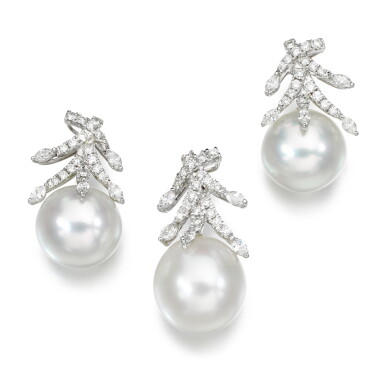 View full screen - View 1 of Lot 170. Cultured pearl and diamond demi-parure.