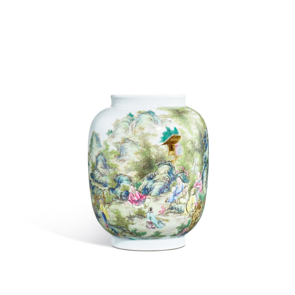 View full screen - View 1 of Lot 3440. A famille-rose 'landscape' vase, Jingyuan Tang hall mark, Republican period | 民國 粉彩攜琴訪友圖燈籠瓶 《靜遠堂製》款.