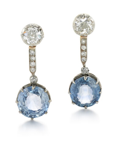 View full screen - View 1 of Lot 223. PAIR OF SAPPHIRE AND DIAMOND EARRINGS.