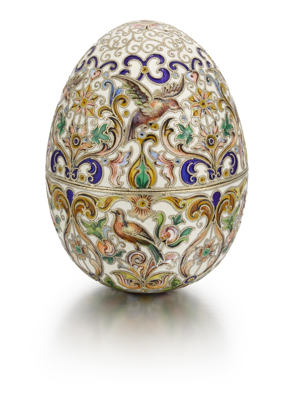 View full screen - View 1 of Lot 185. A silver-gilt and shaded cloisonné enamel egg, Feodor Rückert, Moscow, circa 1908.