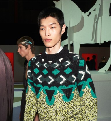 View full screen - View 1 of Lot 59. PRADA | WOOL AND CASHMERE KNITWEAR, POPLIN SHIRT AND POPLIN TIE WORN BY SHIN DONGYEON.