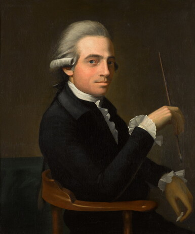 View full screen - View 1 of Lot 90. Portrait of an artist, half-length, seated on a mahogany chair, holding a paintbrush and a piece of chalk.