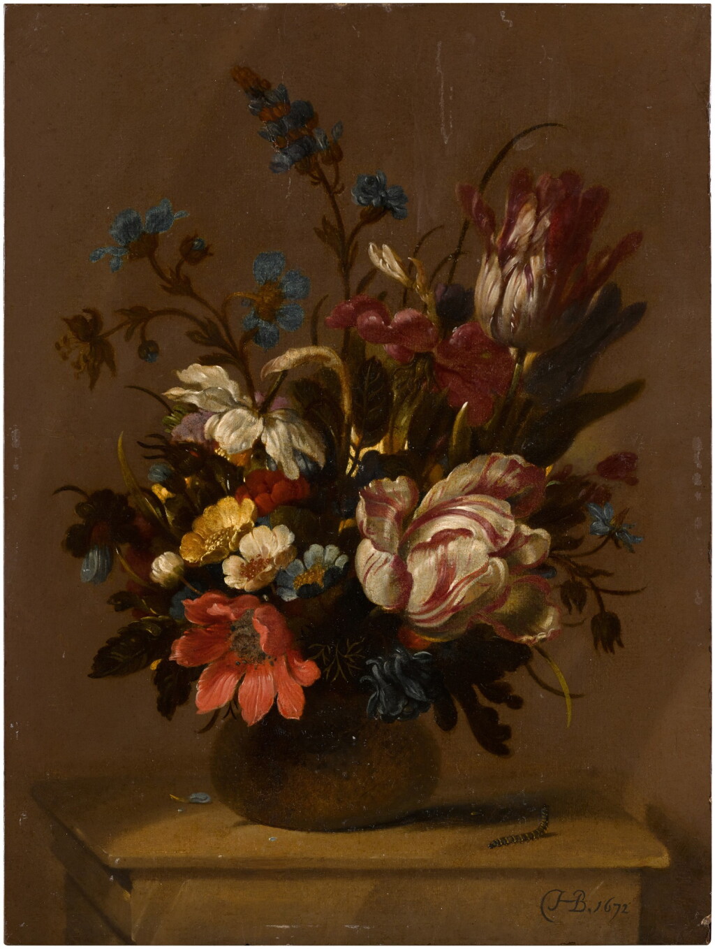 View full screen - View 1 of Lot 142. Still life with tulips, anemones and other flowers in a vase, on a stone ledge.