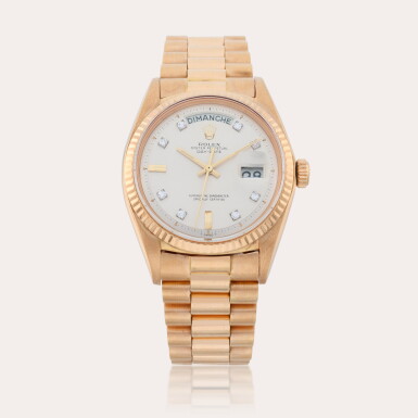 View full screen - View 1 of Lot 246. Day-Date, Reference 1803 | A pink gold wristwatch with day, date and bracelet | Circa 1967.