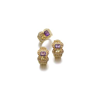 View full screen - View 1 of Lot 44. PAIR OF GEM SET AND DIAMOND EAR CLIPS, SABBADINI, AND A RING, ADLER.