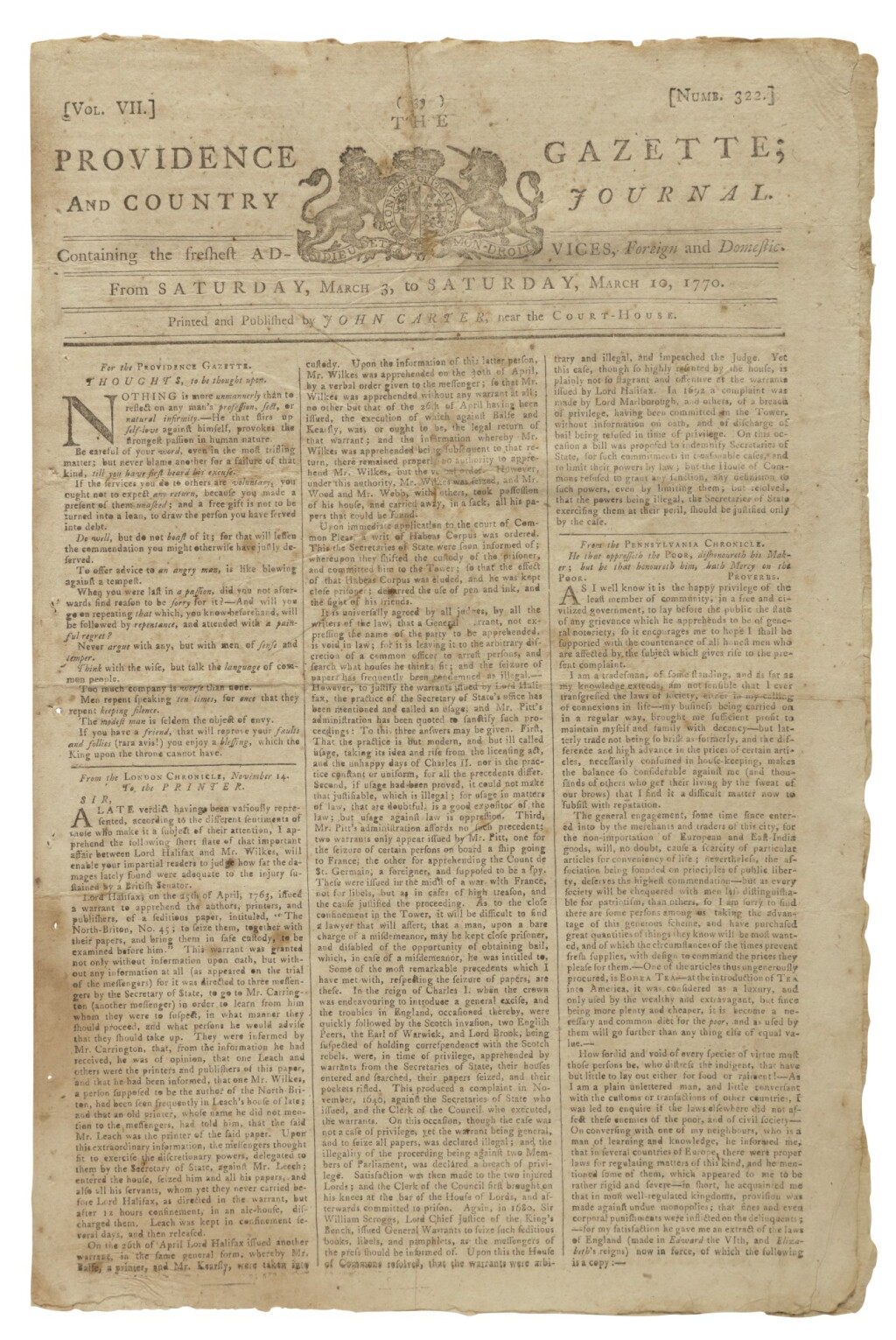View full screen - View 1 of Lot 20. (BOSTON MASSACRE) | A very early report on the Boston Massacre, in The Providence Gazette; and Country Journal, Vol. VII, No. 322. Providence: Printed by John Carter, from Saturday, March 3, to Saturday, March 10, 1770 .