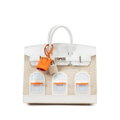 View full screen - View 1 of Lot 405. Beton Matte Alligator, Blanc Togo, Bleu Brume Chèvre and White, Orange H and Craie Swift, Blanc Sombrero Neige Faubourg Birkin 20 Sellier Palladium Hardware, 2022.