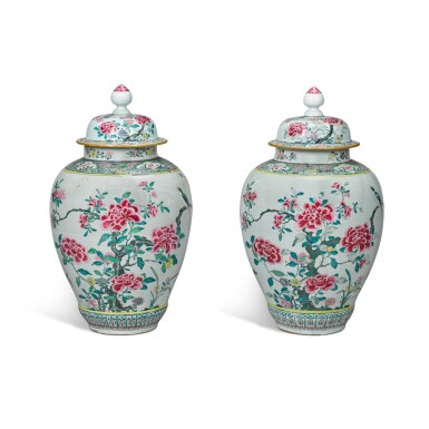 View full screen - View 1 of Lot 35. A pair of Chinese export famille-rose vases and covers, Qing dynasty, Yongzheng period.