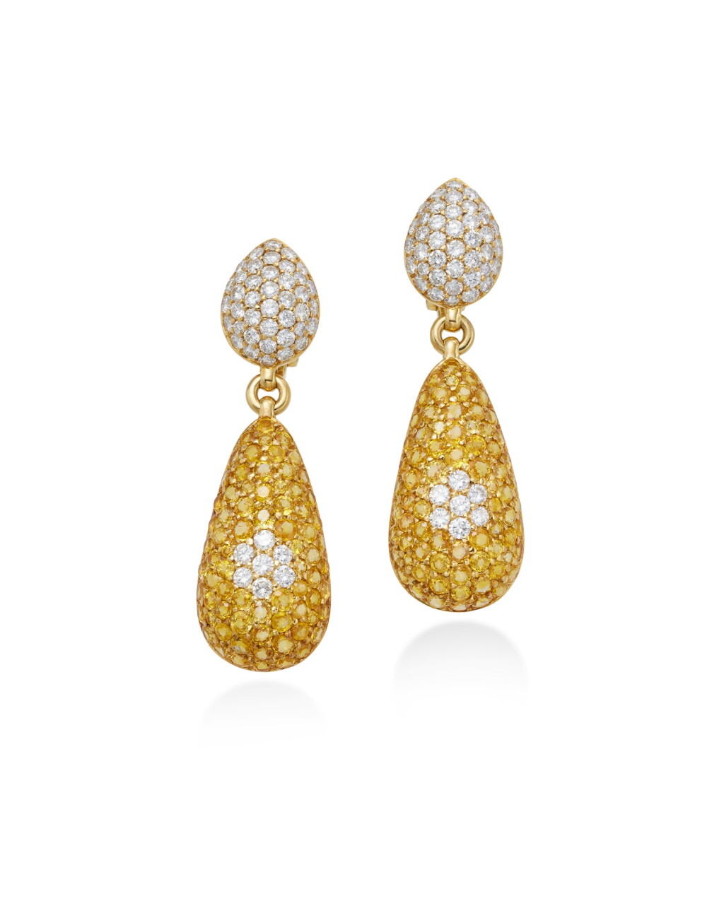View full screen - View 1 of Lot 1974. Pair of Yellow Sapphire and Diamond Pendent Earrings | 黃色剛玉 配 鑽石 耳墜一對.