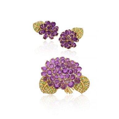 View full screen - View 1 of Lot 532. Amethyst and tsavorite garnet demi-parure, 'Bouquet de Violettes', circa 1960.