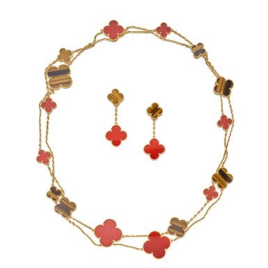View full screen - View 1 of Lot 39. Carnelian and Tiger's Eye 'Magic Alhambra' Necklace and Pair of Pendant-Earclips.