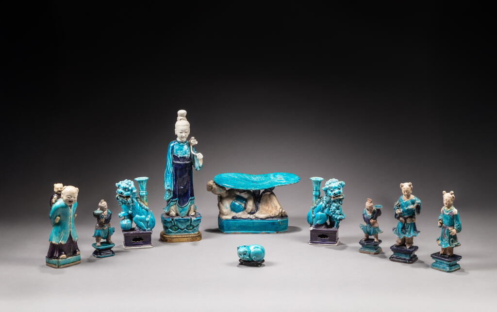 View full screen - View 1 of Lot 165. A group of ten turquoise and aubergine-glazed wares, Qing dynasty, 18th century.