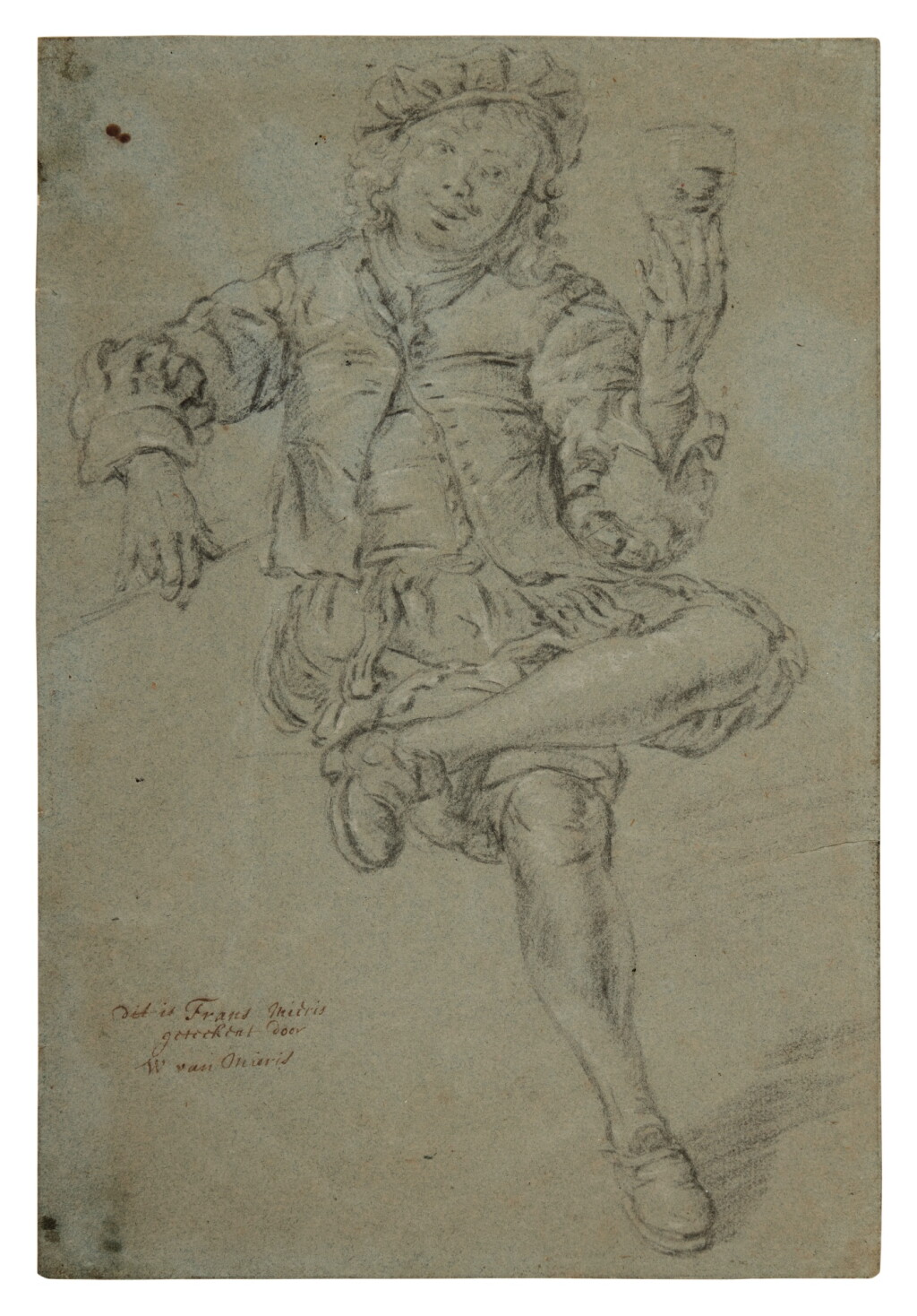 View full screen - View 1 of Lot 266. Recto: Study of a man seated holding a glass, possibly Frans van Mieris II Verso: An artist painting at his easel.
